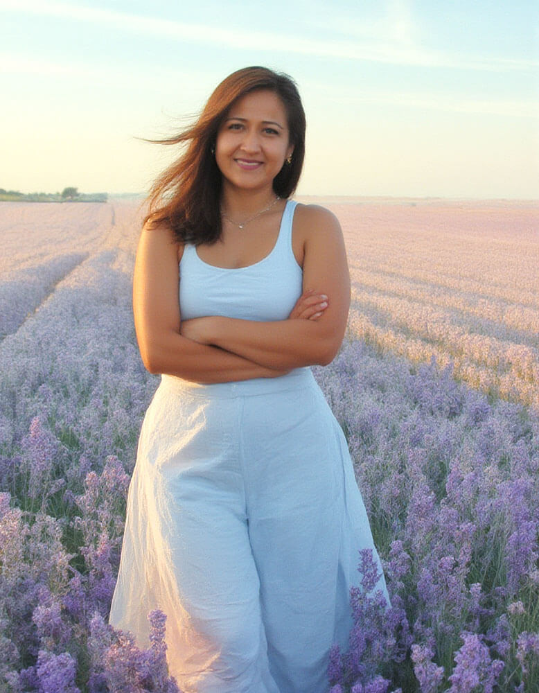 Skincare blogger for Create Your Beauty blog Canada posing happily in a lavanda field